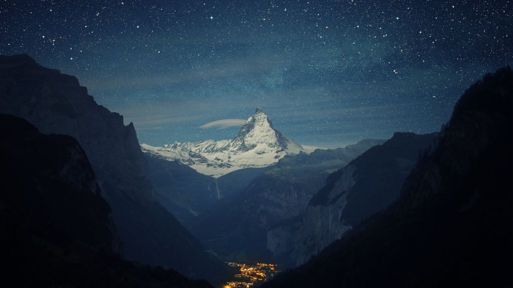 Швейцария, Альпы, Горы, Звезды, Ночь, HD, 2K, 4K