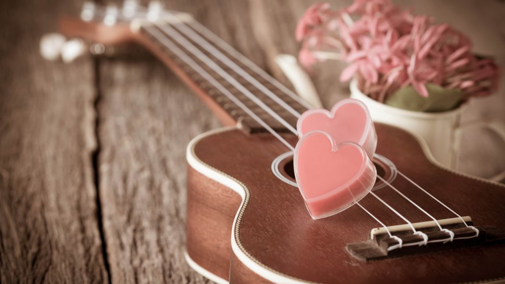 День Святого Валентина, Сердце, Гитара, Романтик, Цветы, Любовь, HD, 2K, 4K, 5K