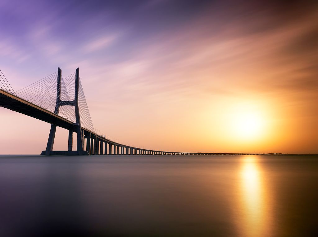 Мост Васко Да Гама, Река Тежу, Закат, Португалия, HD, 2K, 4K, 5K
