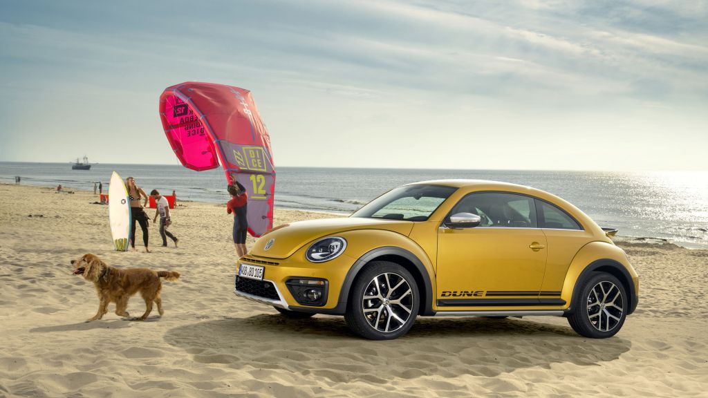 Volkswagen Beetle Dune, Желтый, Пляж, Небо, Собака, HD, 2K, 4K